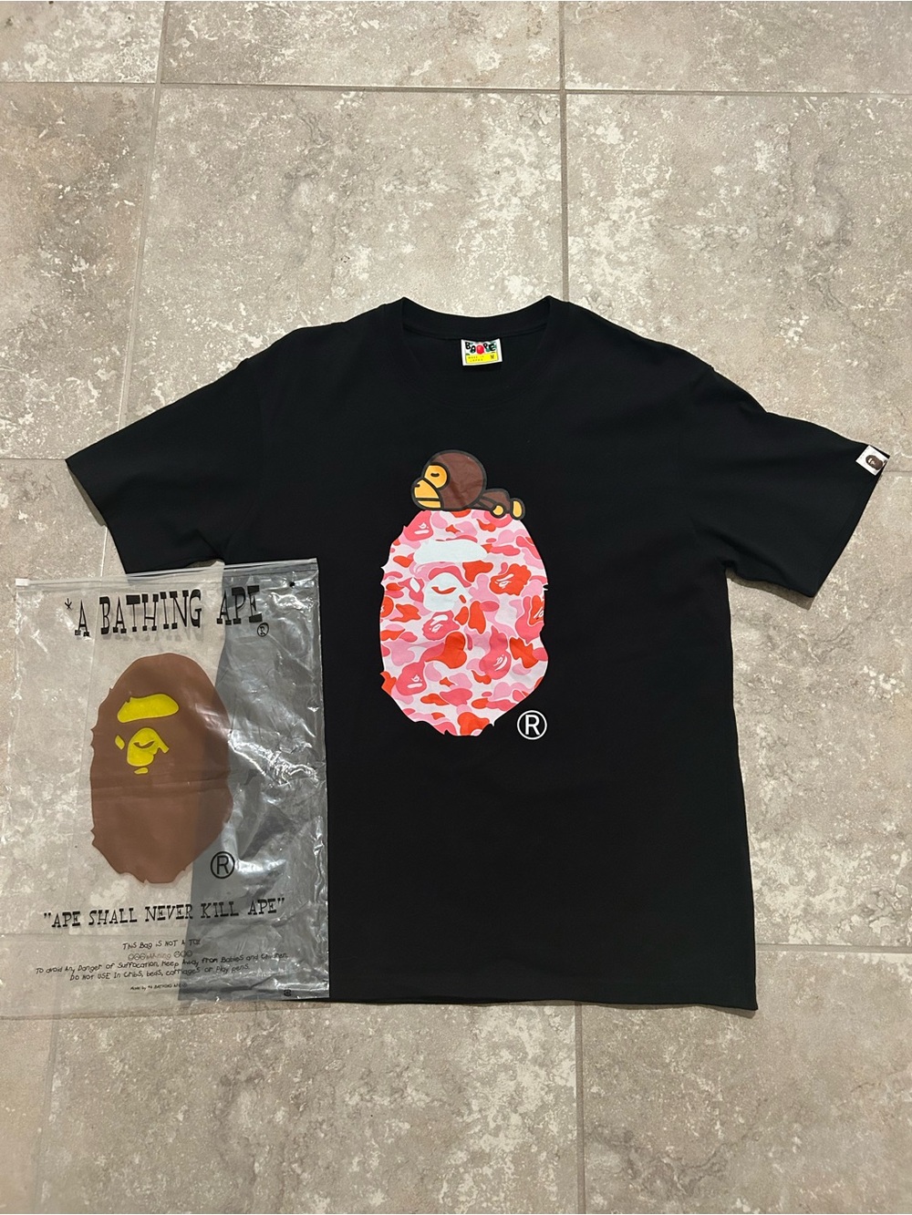 Bape Black Tee with Pink Camo Ape Head Graphic
